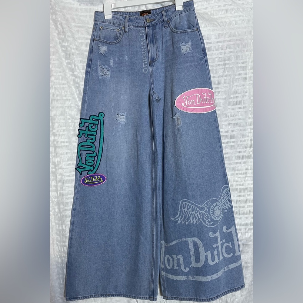 Von Dutch Blue Jeans with Colorful Patches size 26